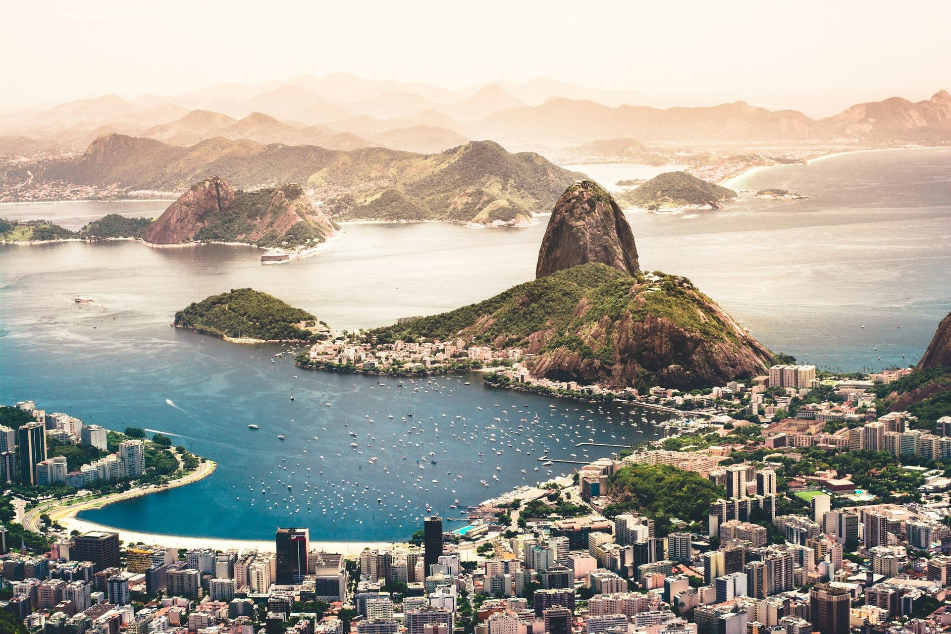 Sugarloaf Mountain above Botafogo Bay and the city of Rio de Janeiro