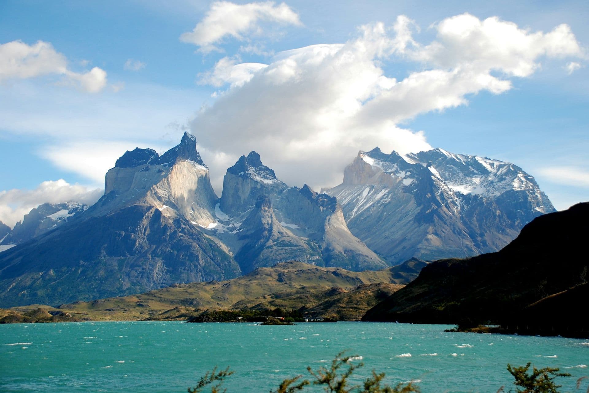 The Cuernos del Paine rising above the turquoise water of Lake Pehoé