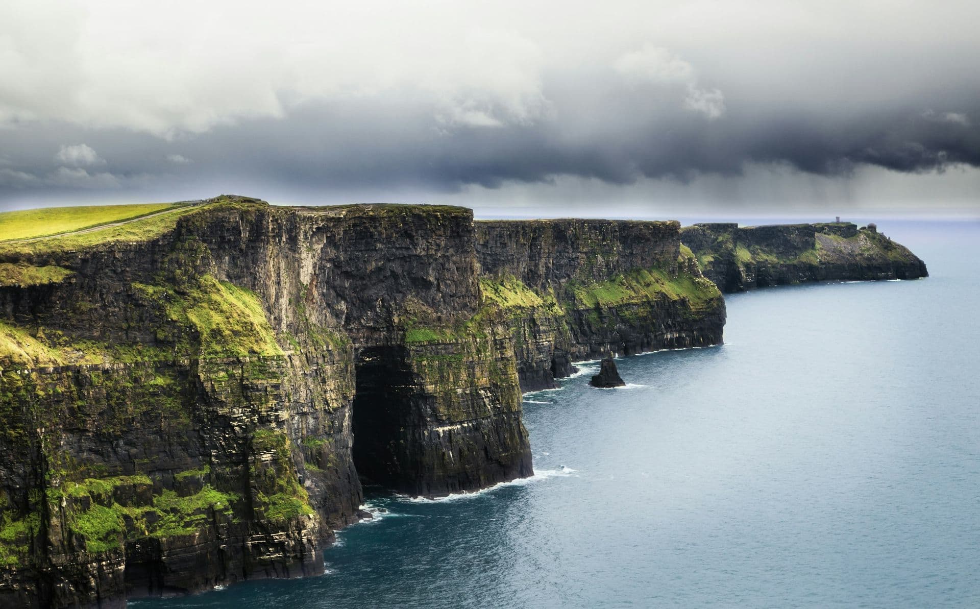 The Cliffs of Moher dropping into the Atlantic under a stormy sky