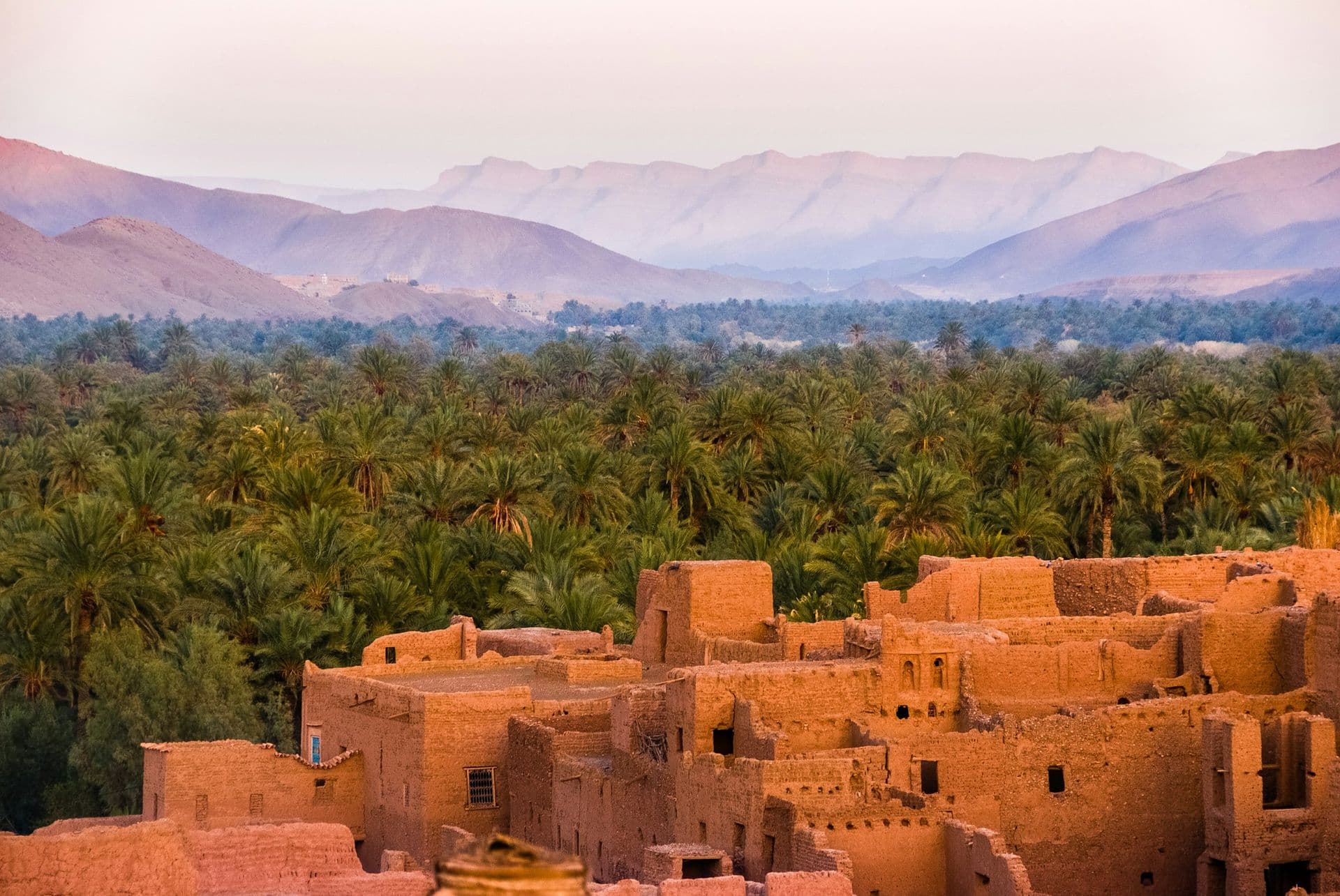 A red earth kasbah in front of a palm grove and the Atlas mountains