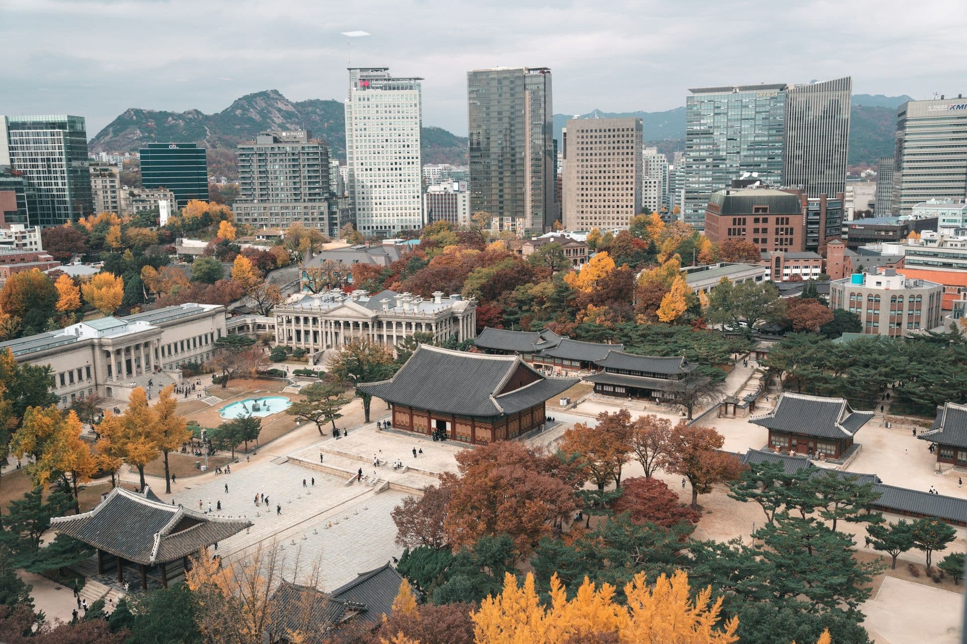 Traditional palace roofs among autumn trees, with Seoul’s office towers and mountains behind